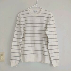 REISS Sweater Pullover Mens L/S*White Gray Stripe Samson Knit Waffle CottonBlend